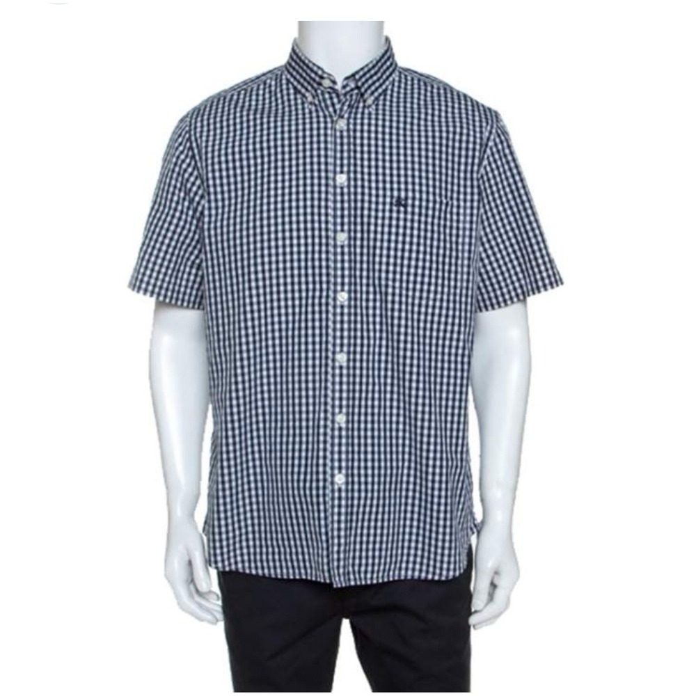 Neiman Marcus Mens Large Navy Blue White Gingham Short Sleeve Button Down Shirt
